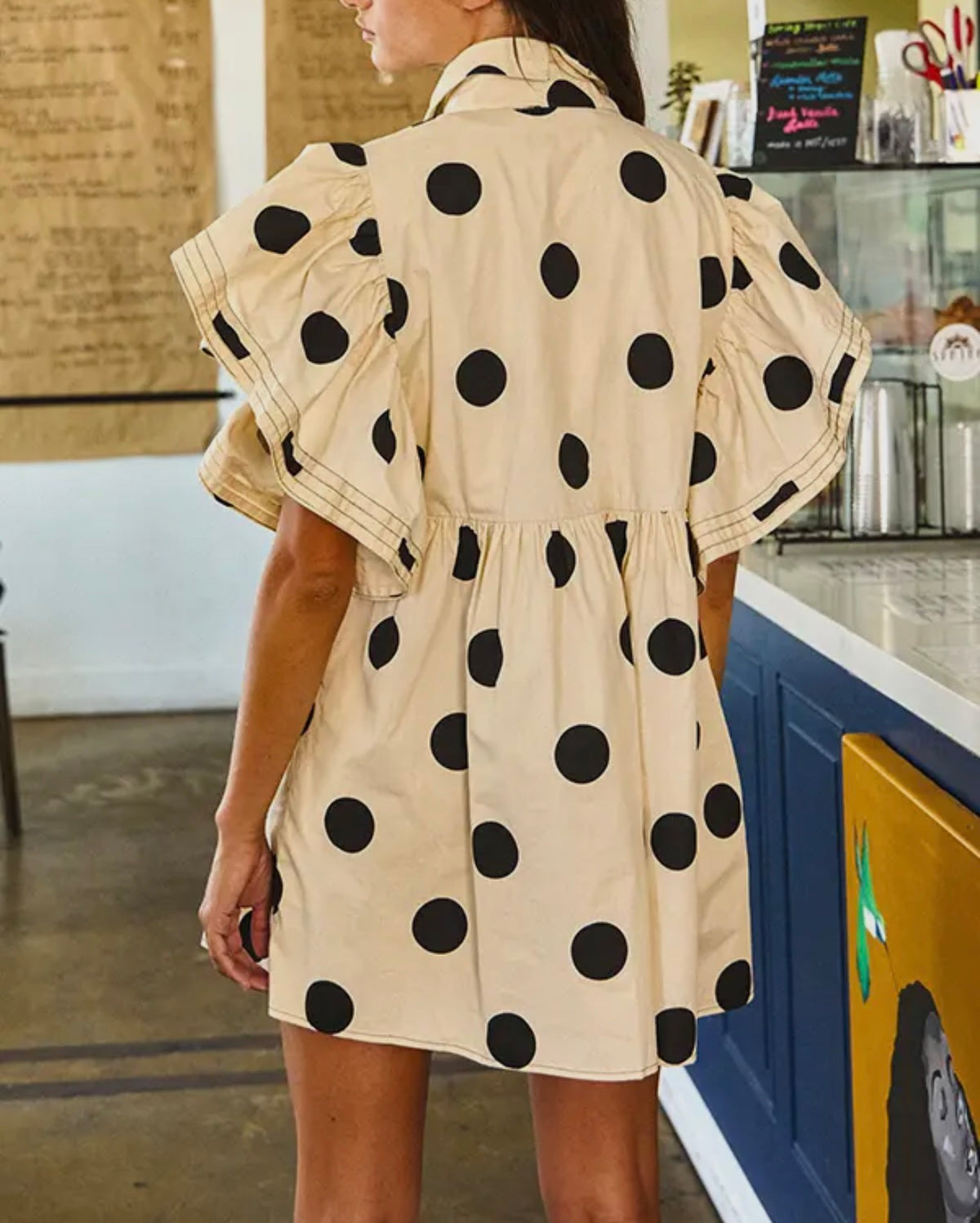 Ruffle Sleeve Pintuck Detail Polka Dot Mini Dress