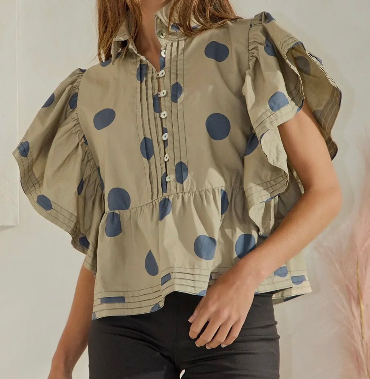 Ruffle Sleeve Pintuck Detail Polka Dot Top